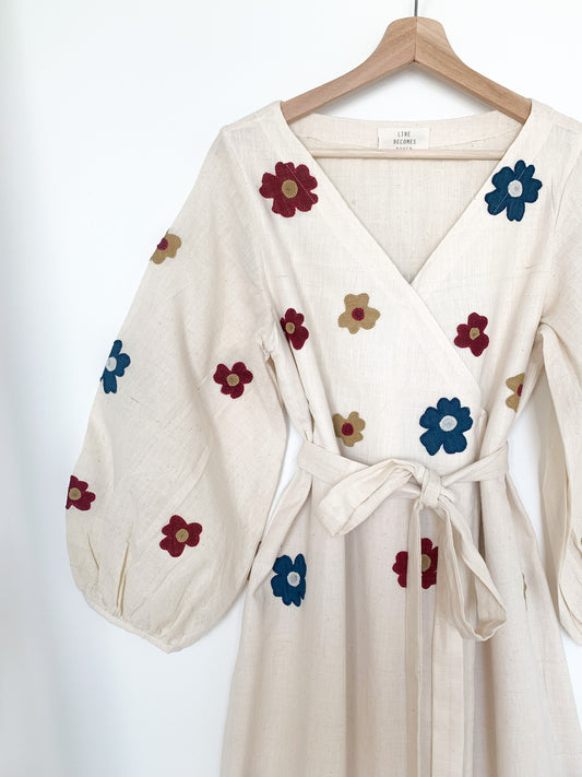 Appliqué Flowers Wrap Dress